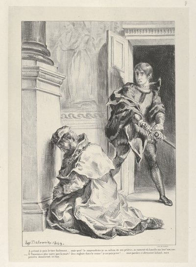 Hamlet yrittää tappaa kuningas, 1834-43, 1834-43. tekijältä Eugène Delacroix