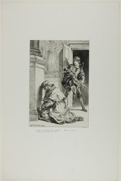 Hamlet yrittää tappaa kuninkaan, laatta 8 Hamletista. tekijältä Eugène Delacroix