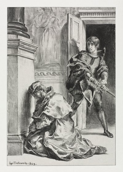 Hamlet: Hamlet yrittää tappaa kuninkaan tekijältä Eugène Delacroix