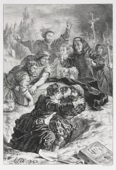 Hamlet: Hamlet ja Laertes Ophelian haudassa tekijältä Eugène Delacroix