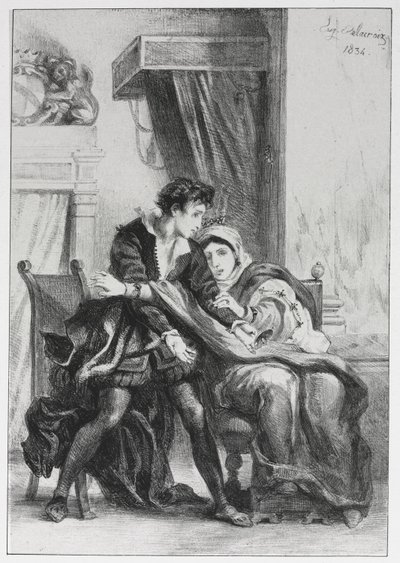 Hamlet: Hamlet ja kuningatar tekijältä Eugène Delacroix