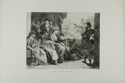 Hamlet panee näyttelijät esittämään isänsä myrkyttämisen, laatta 7 Hamletista. tekijältä Eugène Delacroix
