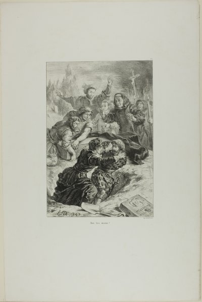 Hamlet ja Laertes Ofelian haudalla, laatta 15 Hamletista. tekijältä Eugène Delacroix