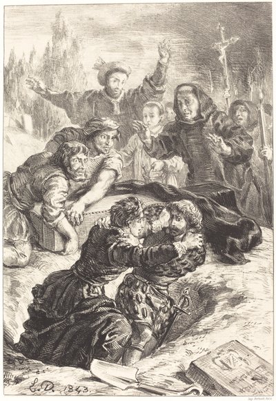 Hamlet ja Laertes Ophelian haudassa V näytös, kohtaus I, 1843. tekijältä Eugène Delacroix
