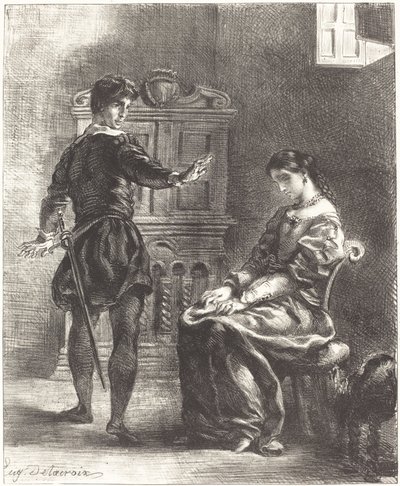 Hamlet ja Ophelia Act III, kohtaus I, 18341843. tekijältä Eugène Delacroix