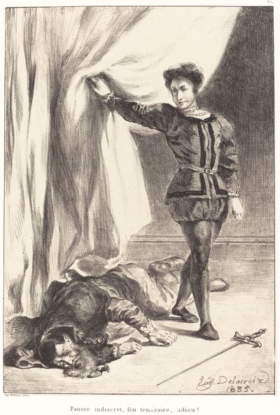 Hamlet ja Poloniuksen ruumis III näytös, kohtaus IV, 1835. tekijältä Eugène Delacroix