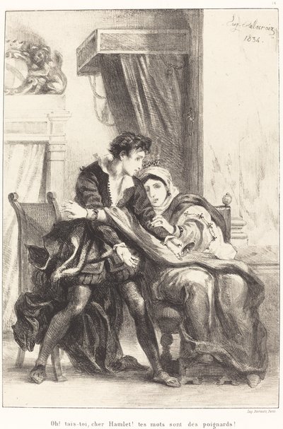 Hamlet ja kuningatar (näytös III, kohtaus IV) tekijältä Eugène Delacroix
