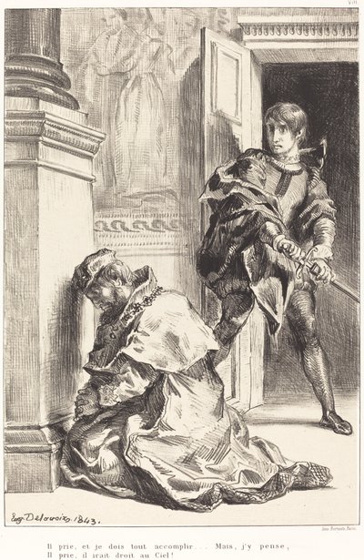 Hamlet on kiusattu tappamaan kuningas (näytös III, kohtaus III) tekijältä Eugène Delacroix
