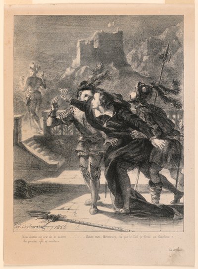 Kuvitus Hamletille: Hamlet yrittää seurata isänsä henkeä (I,4) tekijältä Eugène Delacroix