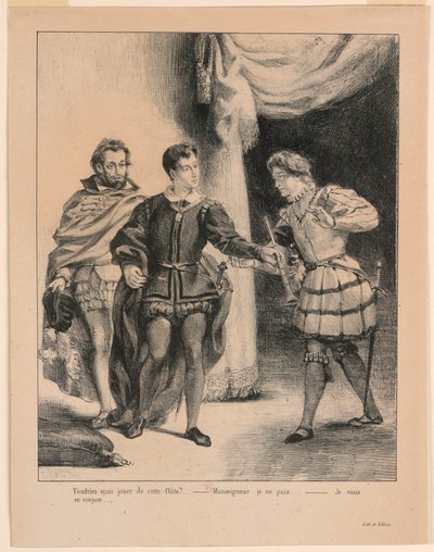 Kuvitus Hamletille: Hamlet ja Guildenstern (III,2) tekijältä Eugène Delacroix
