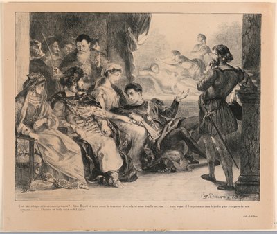 Hamletin kuvitus: Pelaajat edustavat Hamletin isän kuolemaa (III,2) tekijältä Eugène Delacroix