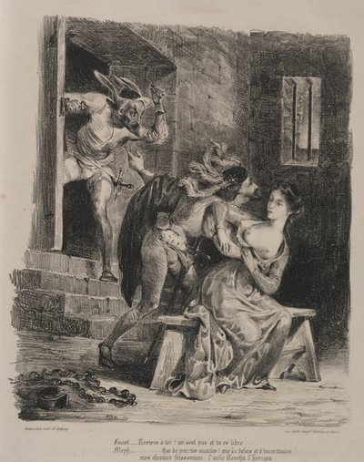 Kuvituksia Faustille: Faust Margueriten vankilassa tekijältä Eugène Delacroix