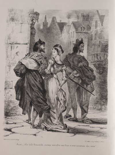 Kuvituksia Faustille: Faust pyrkii houkuttelemaan Margueriten tekijältä Eugène Delacroix