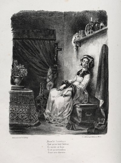 Kuvitukset Faustille: Marguerite pyörän kanssa tekijältä Eugène Delacroix
