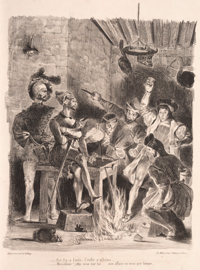 Kuvituksia Faustille: Méphistophélés opiskelijoiden tavernassa tekijältä Eugène Delacroix