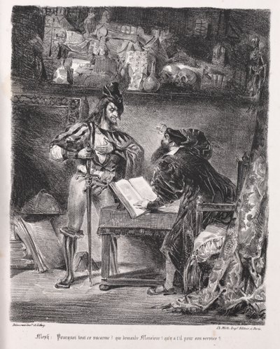 Kuvituksia Faustille: Mefistofeles vierailee Faustissa tekijältä Eugène Delacroix