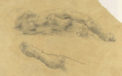Makaamassa alaston mies; hänen jalkansa erikseen tekijältä Eugène Delacroix