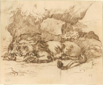 Leijona syö jäniä tekijältä Eugène Delacroix
