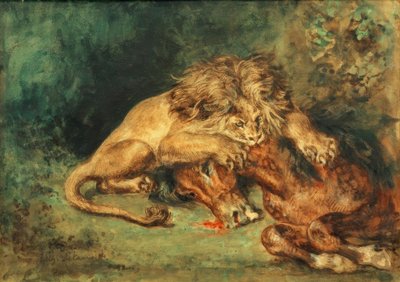 Leijona repimässä hevosta tekijältä Ferdinand Victor Eugene Delacroix