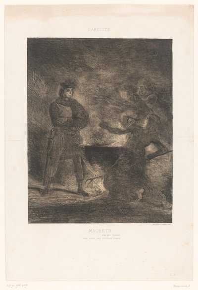 Macbeth neuvottelee kolmen noidan kanssa Macbeth (otsikko esineessä) tekijältä Eugène Delacroix