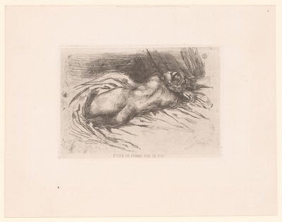 Alaston nainen takaa katsottuna Étude de femme, vue de dos (otsikko esineessä) tekijältä Eugène Delacroix
