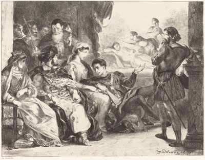 Pelaajat esittävät Hamletin isän myrkytyksen, näytös III, kohtaus II, 1835. tekijältä Eugène Delacroix