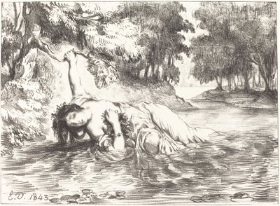 Ofelian kuolema, näytös IV, kohtaus VII, 1843. tekijältä Eugène Delacroix