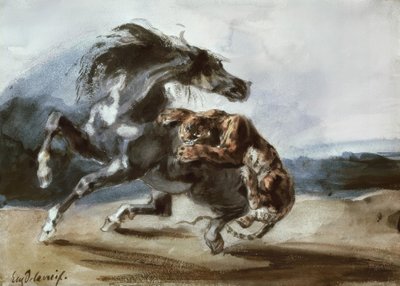 Tiikeri hyökkää villihevosen kimppuun tekijältä Ferdinand Victor Eugene Delacroix