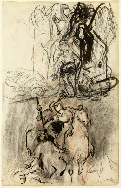 Kaksi luonnosta; Aseistetut ratsastajat ja hahmo maassa tekijältä Eugène Delacroix