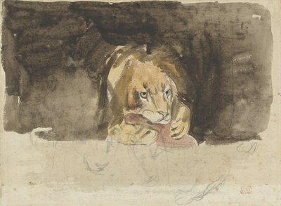 Lihansyöjäleijona edestä katsottuna, tuleva ulos tummaa taustaa vasten tekijältä Eugène Delacroix