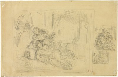 Nainen kuolee (?), Mies makuuhuoneessa, kaksi luonnosta samasta tekijältä Eugène Delacroix