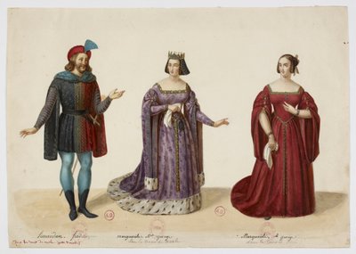 Puvut - Frederic Lemaitre Buridanina, Mlle George Marguerite de Bourgogne (La Tour de Nesle, syyskuu 1832). tekijältä Eugène Du Faget