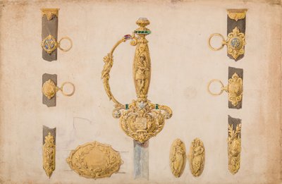 Suunnittelu miekkakahvalle, tutralle ja vyön liitoksille, n. 1840-50. tekijältä Eugène Julienne.