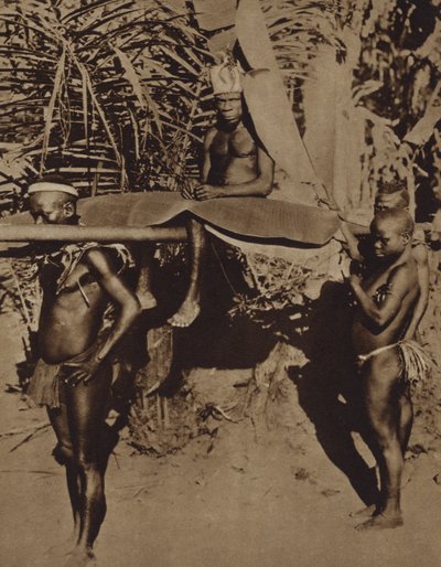 Afrikkalaisen pygmy-heimon päällikkö, jota kannetaan pentueessa (m/w kuva) tekijältä European Photographer