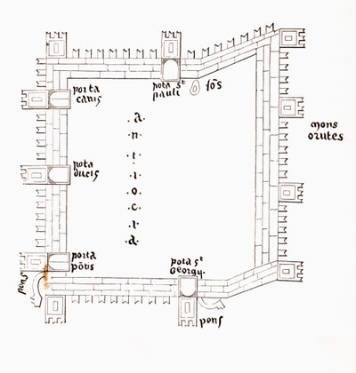1200-luvun Antiokian suunnitelma, jossa näkyy sen viisi porttia, n. 1880 tekijältä European School