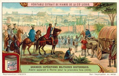 Alaric, visigoottien kuningas, saapuu Rooman porteille ensimmäistä kertaa, 408 (chromolitho) tekijältä European School