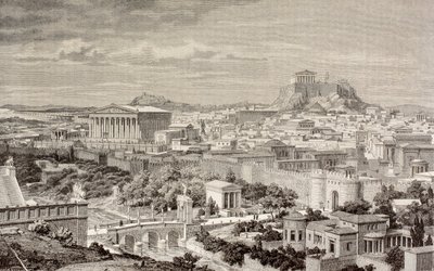 Taiteilijan näkemys Ateenasta keisari Hadrianuksen aikaan, Barcelonassa 1880 julkaistusta "El Mundo Ilustradosta" tekijältä European School