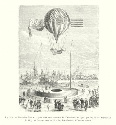 Nousu tehtiin 12. kesäkuuta 1784 Dijonin Akatemian aerostaatilla, Guyton de Morveau ja de Virly, Ensimmäinen aerostaattien suuntatesti airoilla (kaiverrus) tekijältä European School
