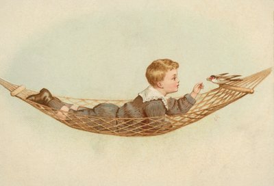 Poika makaa riippumatossa ruokkimassa lintua (chromolitho) tekijältä European School