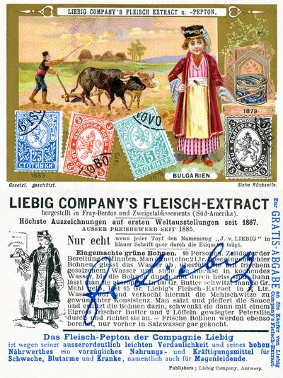 Bulgarialaiset postimerkit, Liebig-mainoskortin etu- ja kääntöpuoli, 1897 tekijältä European School