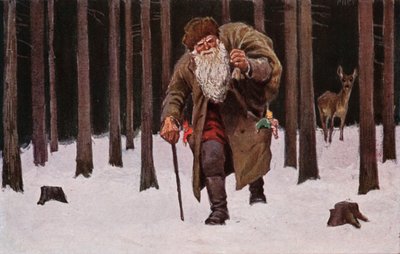 Joulukortti, joulupukki raahautuu lumen läpi lahjasäkki mukanaan, taustalla peura (värilitografia). tekijältä European School