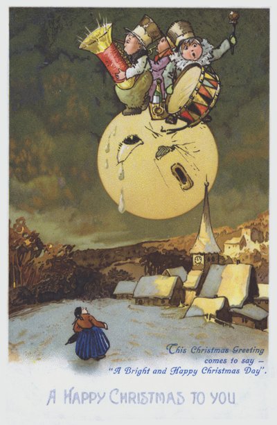 Joulutervehdyskortti, jossa muusikkojoukko kuussa lumisen kaupungin yllä. (chromolitho) tekijältä European School