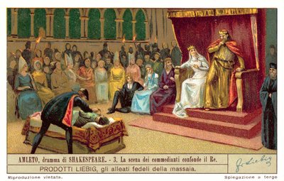 Claudius reagoi kohtaukseen, joka kuvaa Pelaajakuninkaan murhaa (chromolitho) tekijältä European School