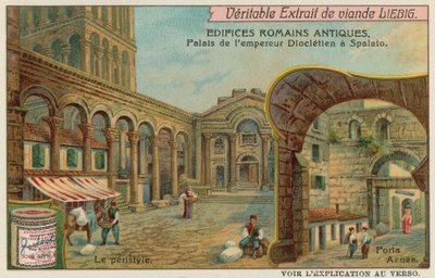 Diocletianuksen palatsi Splitissä Kroatiassa, jossa on yksityiskohta Colonnadista ja eteläisestä meriportista (chromolitho). tekijältä European School