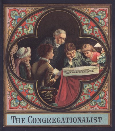 Perhe lukemassa kopiota The Congregationalistista (chromolitho) tekijältä European School