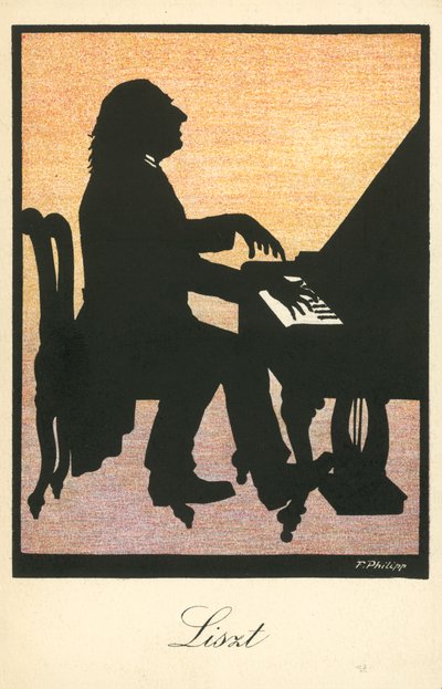 Franz Liszt, unkarilainen pianisti ja säveltäjä (värilitografia) tekijältä European School