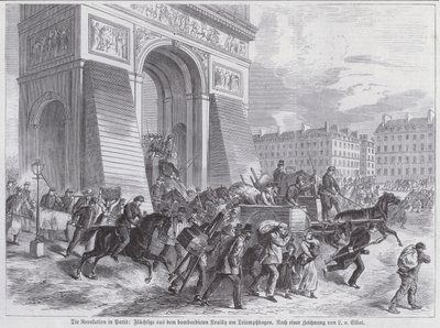 Karkulaisia Ranskan armeijan pommituksesta Riemukaaren ohitse, Pariisin kommuuni, huhtikuu 1871 (kaiverrus) tekijältä European School