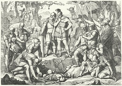 Germanicus hautaa Publius Quinctilius Varuksen komentaman kolmen roomalaisen legioonan sotilaiden luut, jotka saksalaiset tuhosivat Teutoburgin metsän taistelussa 9 eKr. (kaiverrus) tekijältä European School