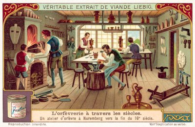 Kultasepän työpaja Nürnbergissä, 1500-luvun lopulla (chromolitho) tekijältä European School