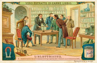Hans Christian Oersted näyttää ystävilleen magneettineulan poikkeamaa sähkövirran vaikutuksesta, 1820 tekijältä European School